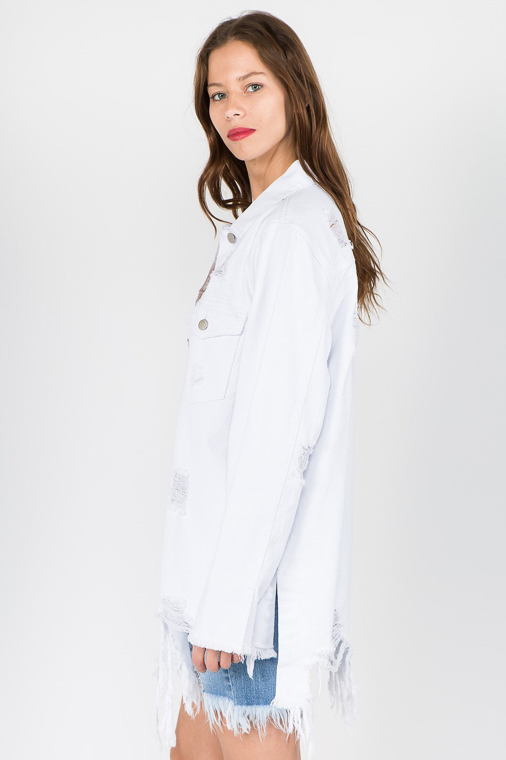American Bazi Distressed Frayed Hem Denim Jacket-BT8D