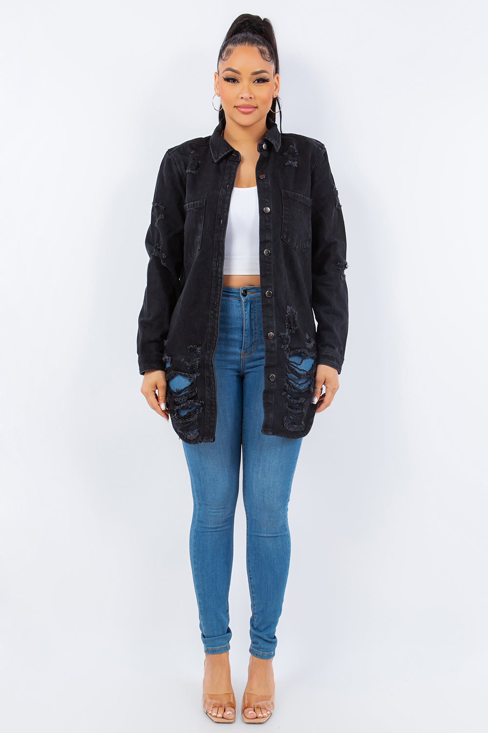 American Bazi Distressed Button Up Long Sleeve Denim Jacket-BT8D
