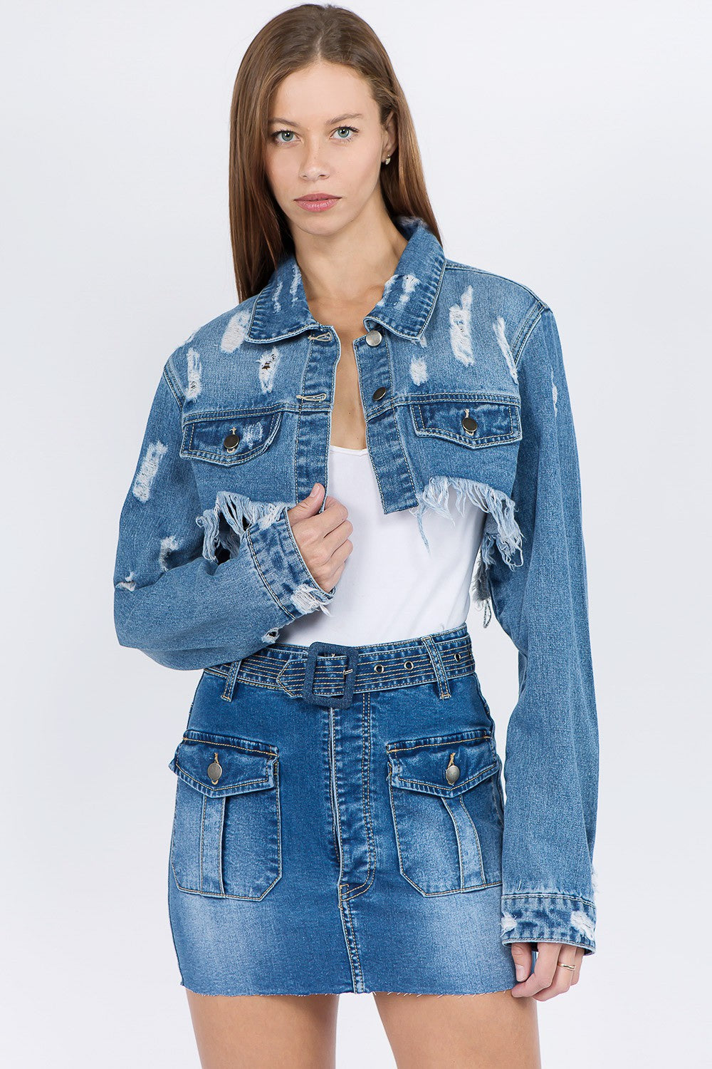 American Bazi Distressed Denim Jacket with Frayed Hem-BT8D
