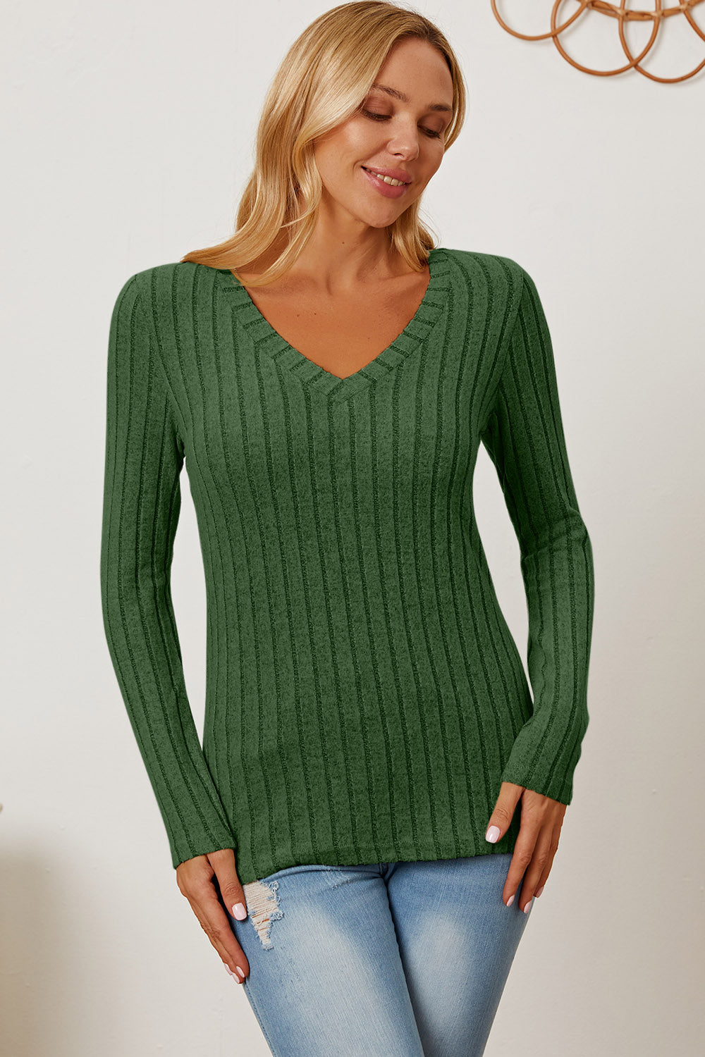 Basic Bae Full Size Ribbed V-Neck Long Sleeve T-Shirt-BT8D
