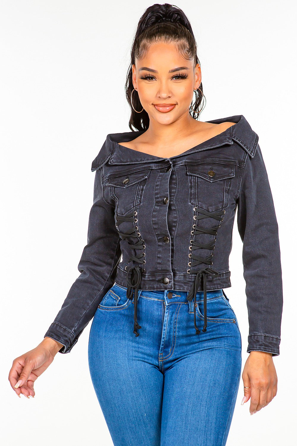 American Bazi Off Shoulder Lace Up Denim Jacket-BT8D