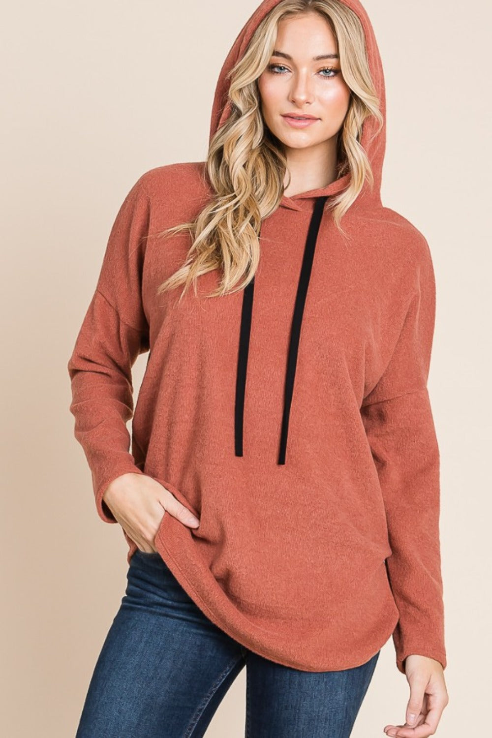 BOMBOM Contrast Drawstring Drop Shoulder Knit Hoodie-BT8D