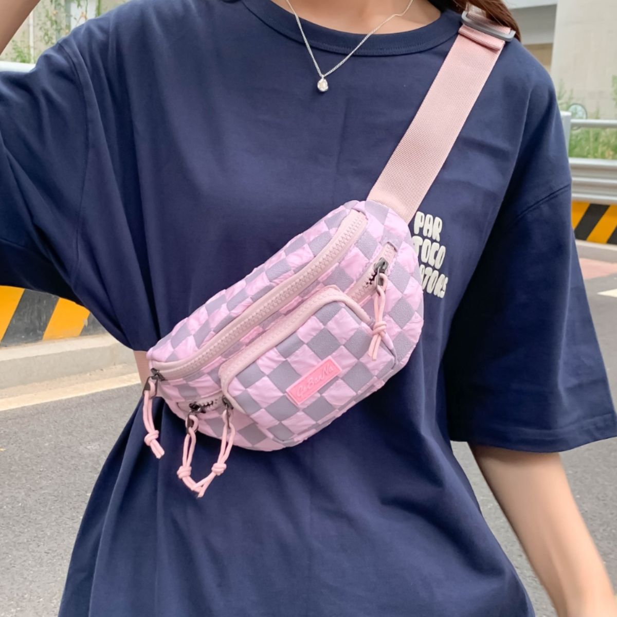 Checkered Adjustable Strap Nylon Crossbody Bag-BT8D