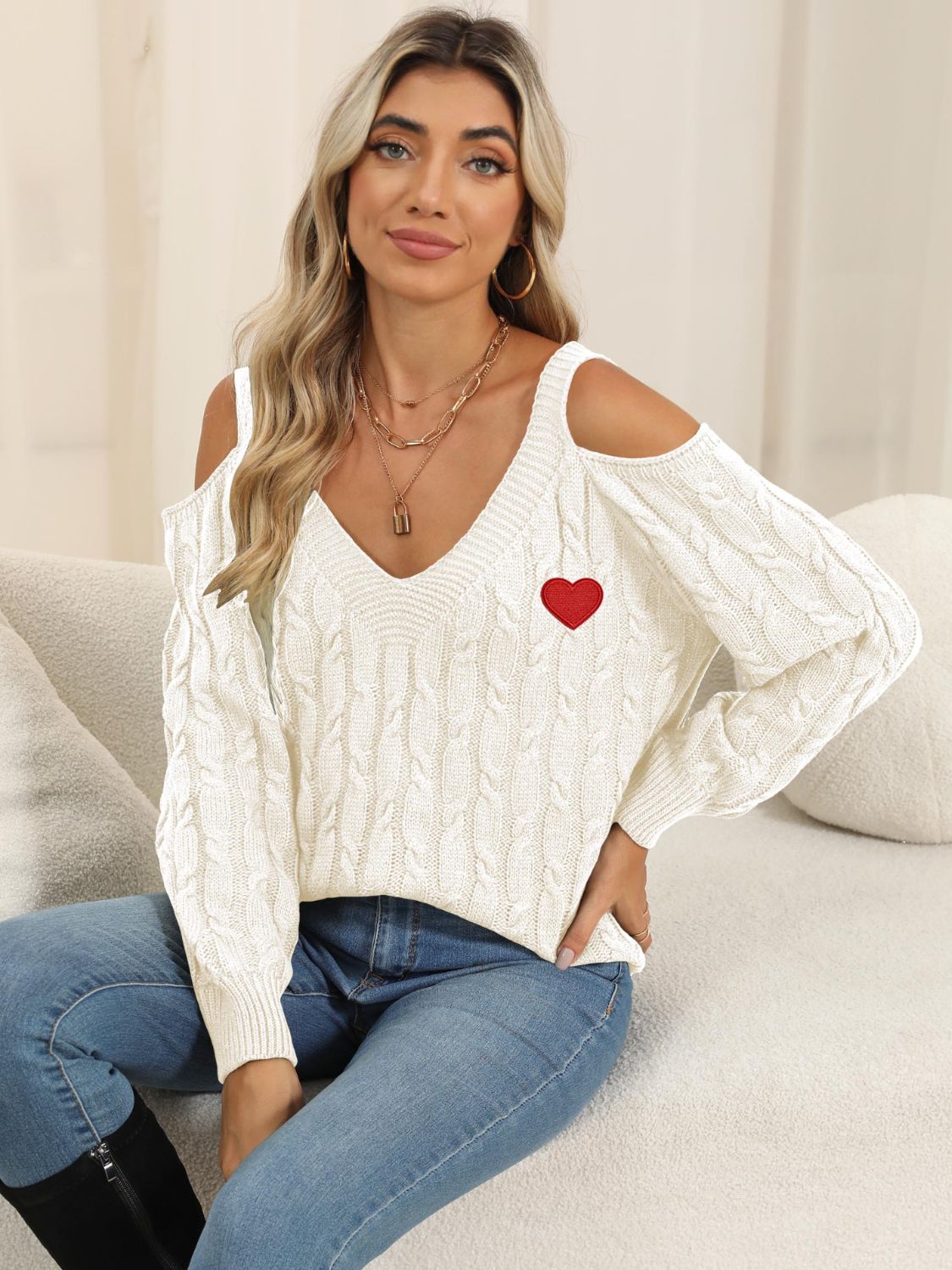 Cable-Knit Heart V-Neck Sweater-BT8D