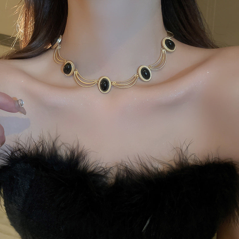 Alloy Oval Gemstone Necklace-BT8D