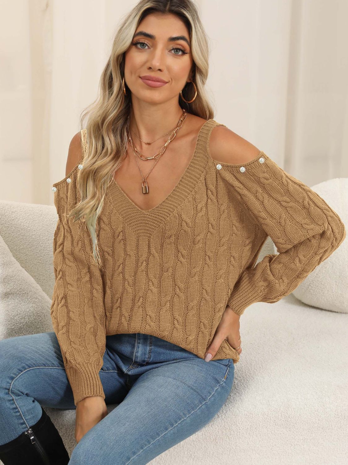 Cable-Knit Cold Shoulder Sweater-BT8D