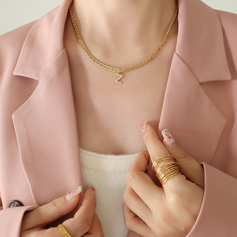 Brass Inlaid Zircon Letter Pendant Necklace-BT8D