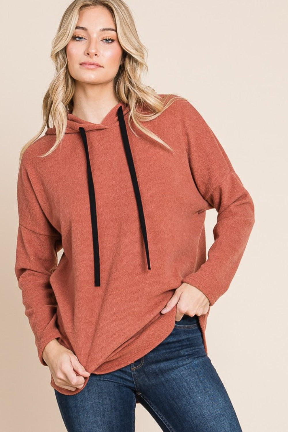 BOMBOM Contrast Drawstring Drop Shoulder Knit Hoodie-BT8D