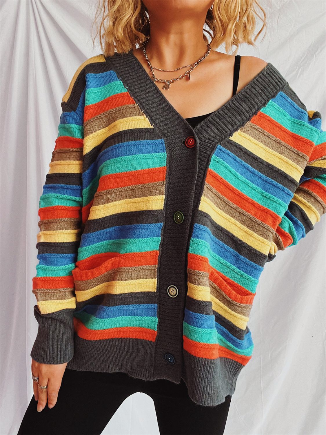 Contrast Stripes Button Up Long Sleeve Cardigan-BT8D