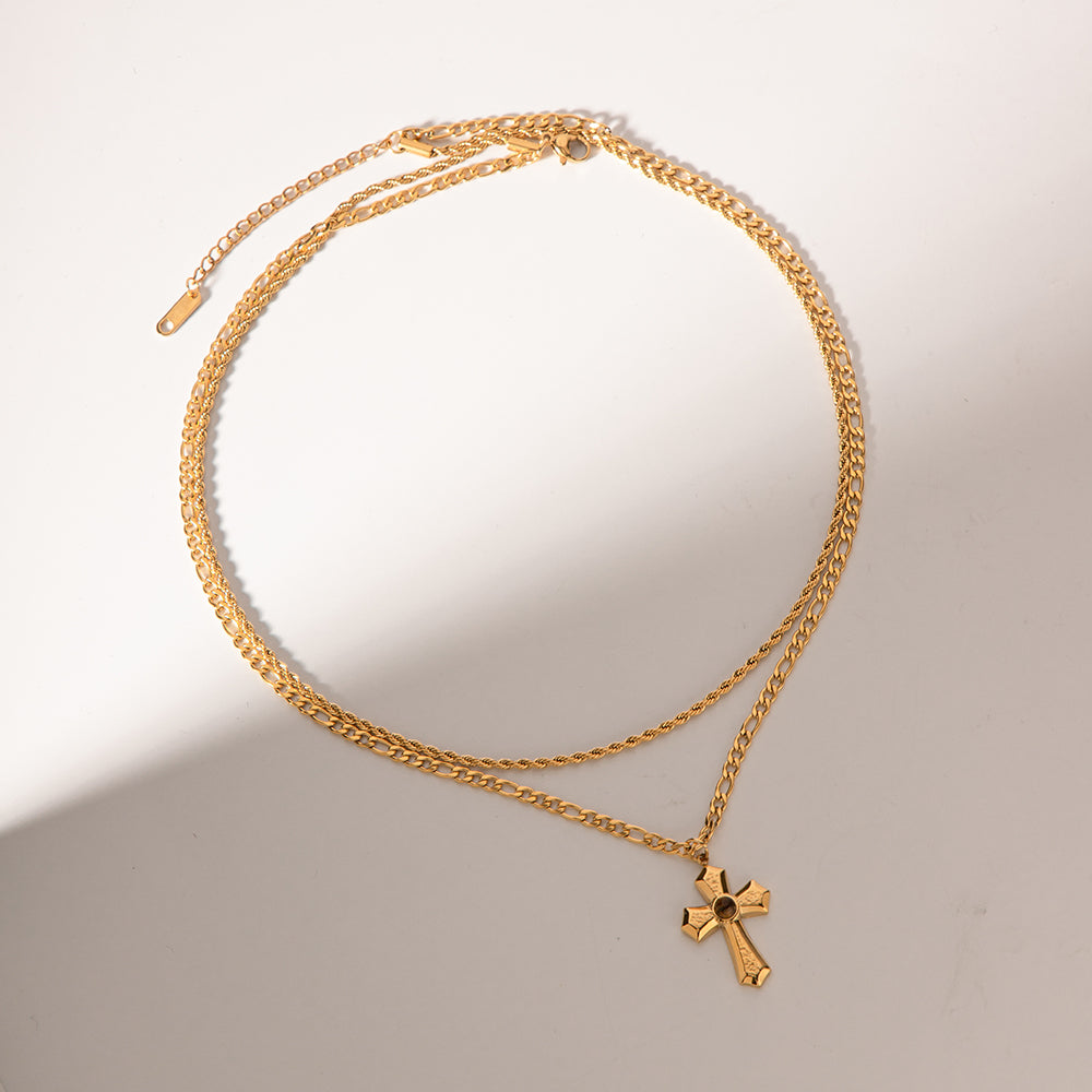 18K Gold-Plated Double Layered Cross Necklace-BT8D