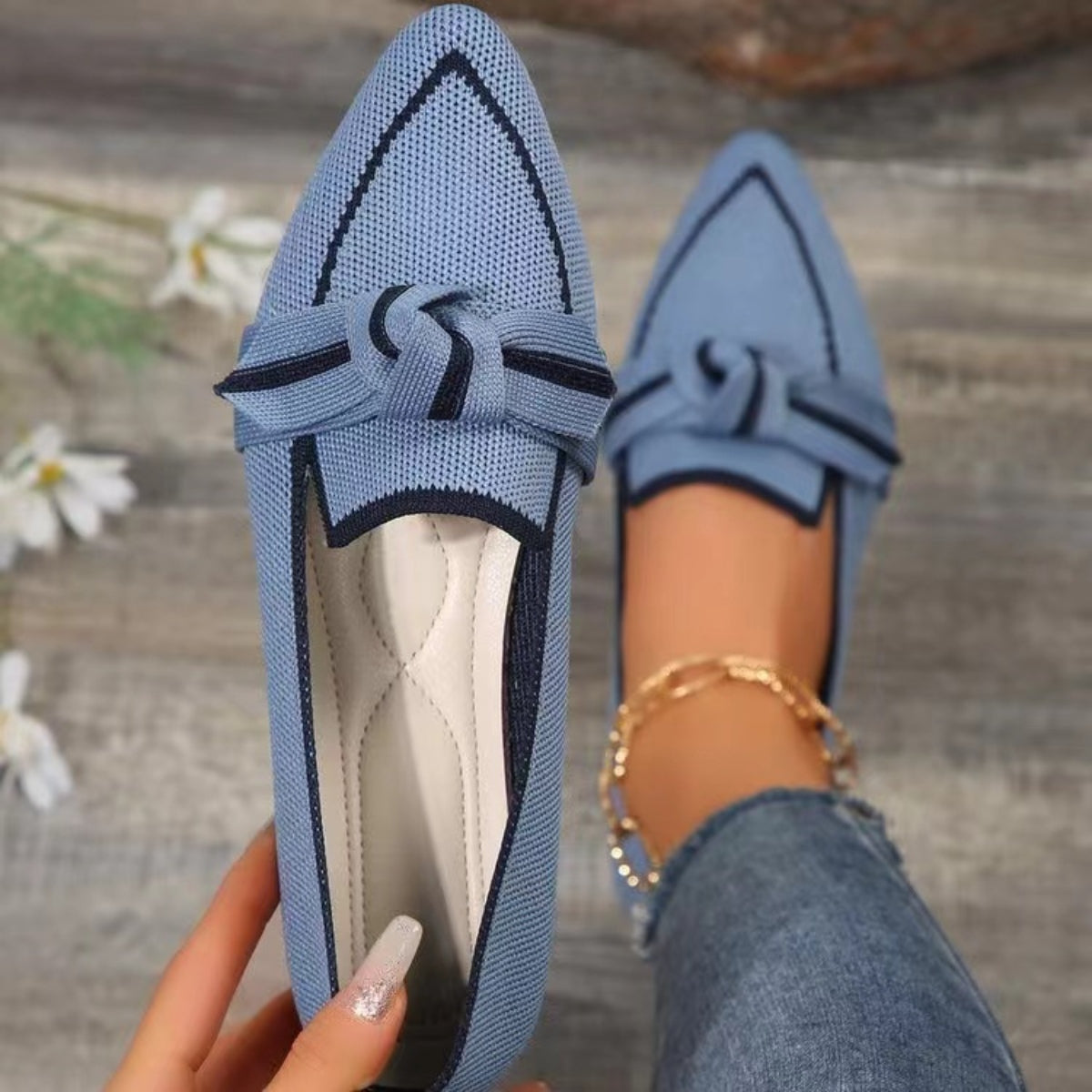 Bow Contrast Trim Point Toe Loafers-BT8D