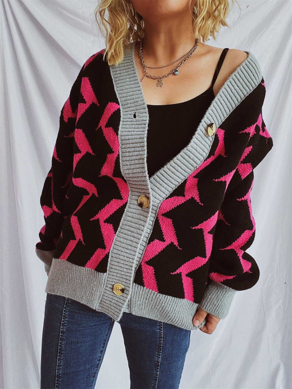 Contrast Trim Geometric V-Neck Long Sleeve Cardigan-BT8D