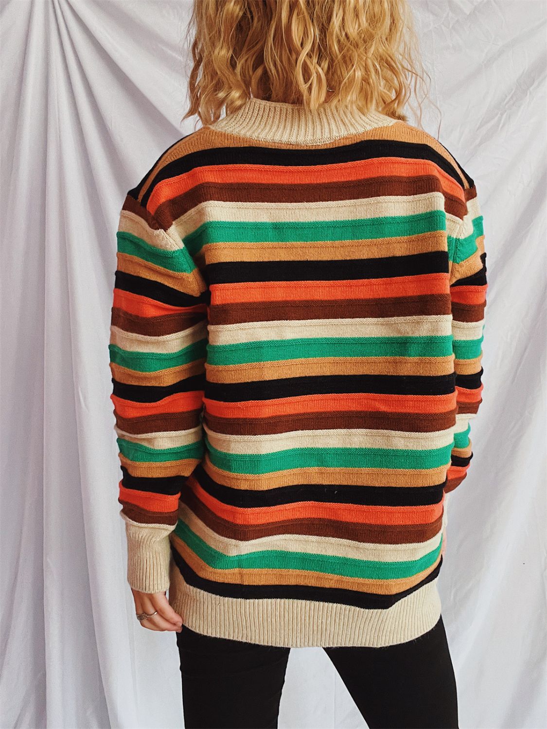 Contrast Stripes Button Up Long Sleeve Cardigan-BT8D