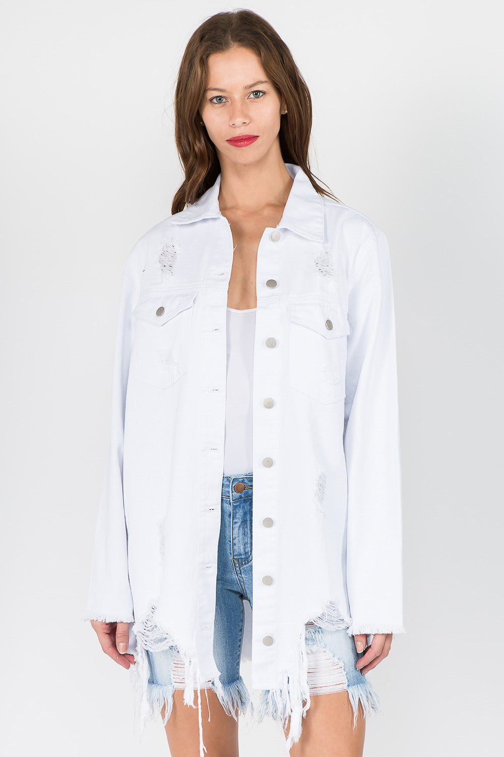 American Bazi Distressed Frayed Hem Denim Jacket-BT8D