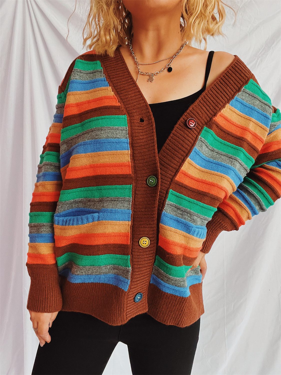 Contrast Stripes Button Up Long Sleeve Cardigan-BT8D