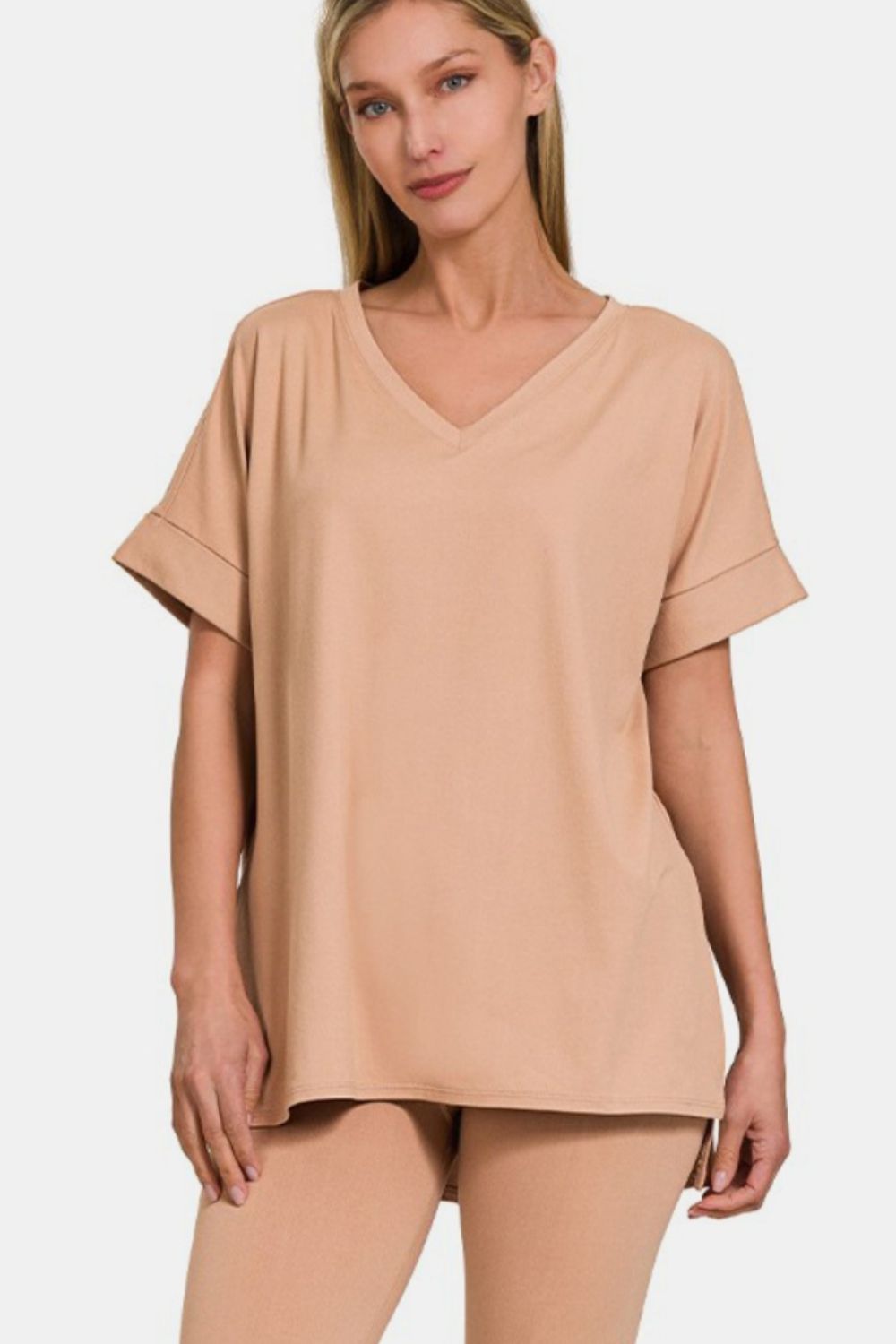 Zenana Full Size V-Neck Rolled Short Sleeve T-Shirt And Leggings Lounge Set