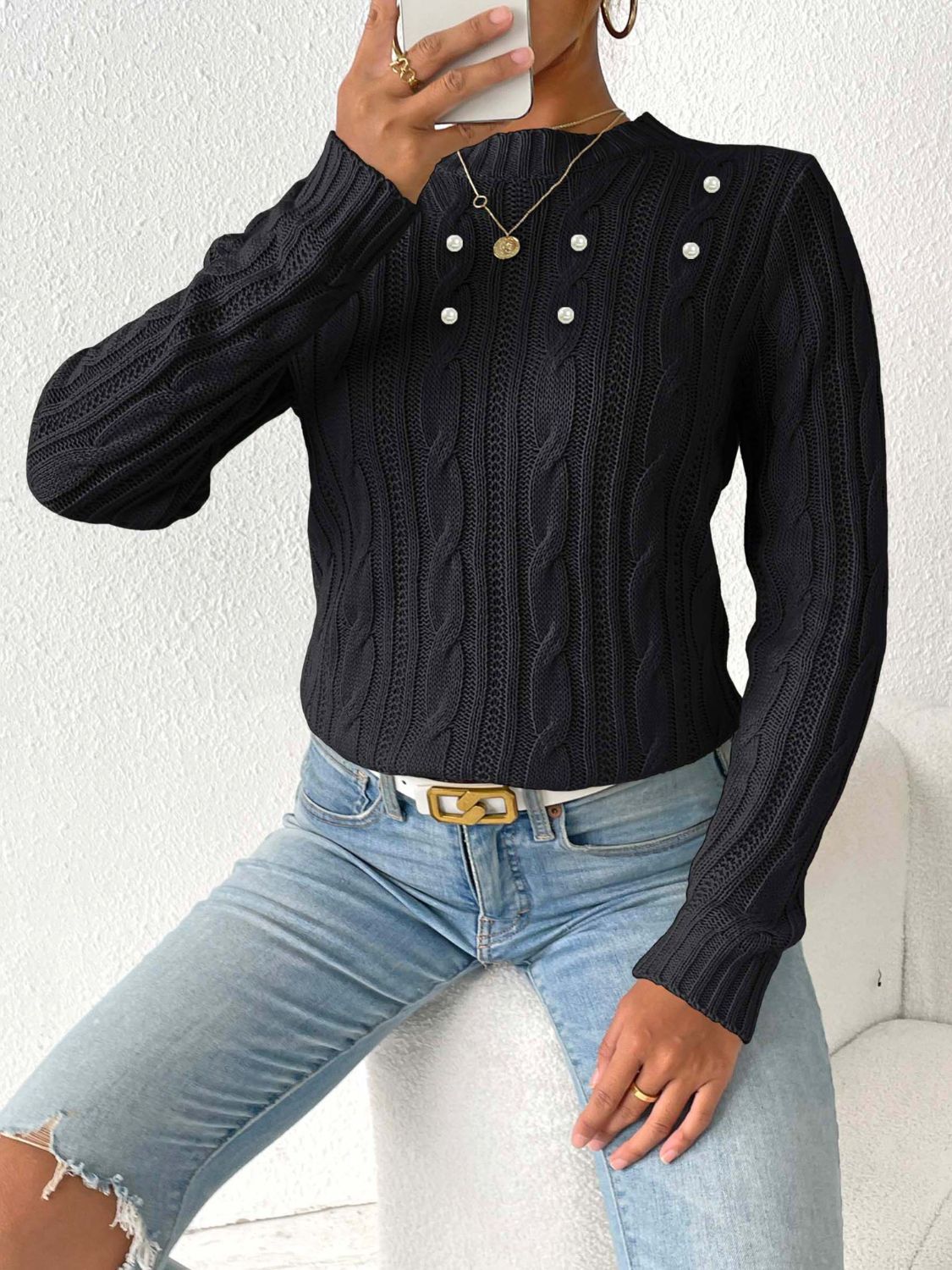 Cable-Knit Round Neck Long Sleeve Sweater-BT8D