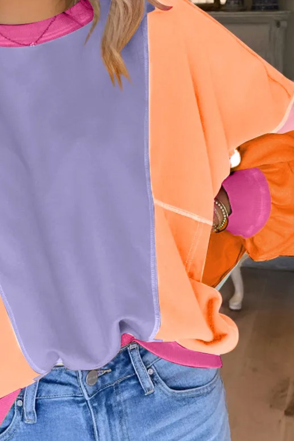 Color Block Round Neck Long Sleeve Top-BT8D