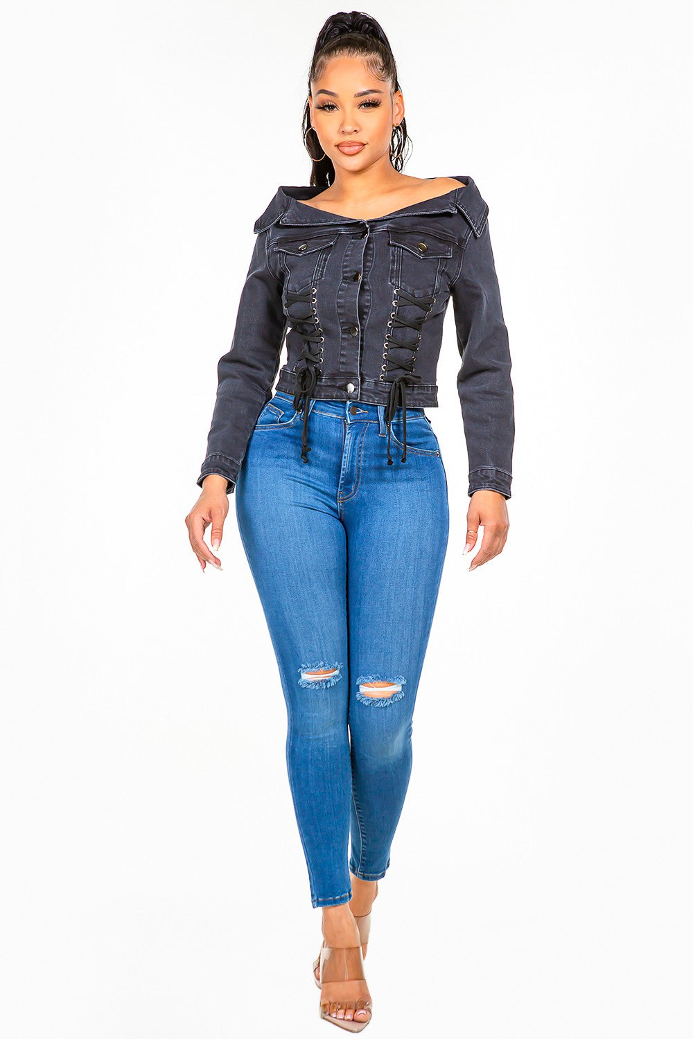 American Bazi Off Shoulder Lace Up Denim Jacket-BT8D