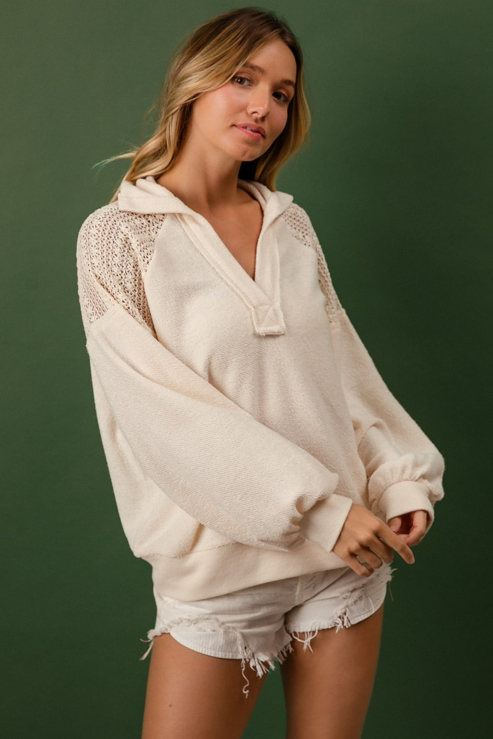 BiBi French Terry Lace Shoulder Top-BT8D