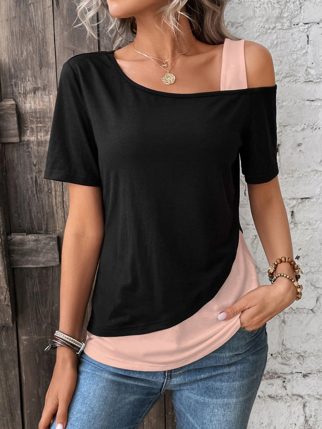 Contrast Asymmetrical Neck Short Sleeve T-Shirt-BT8D