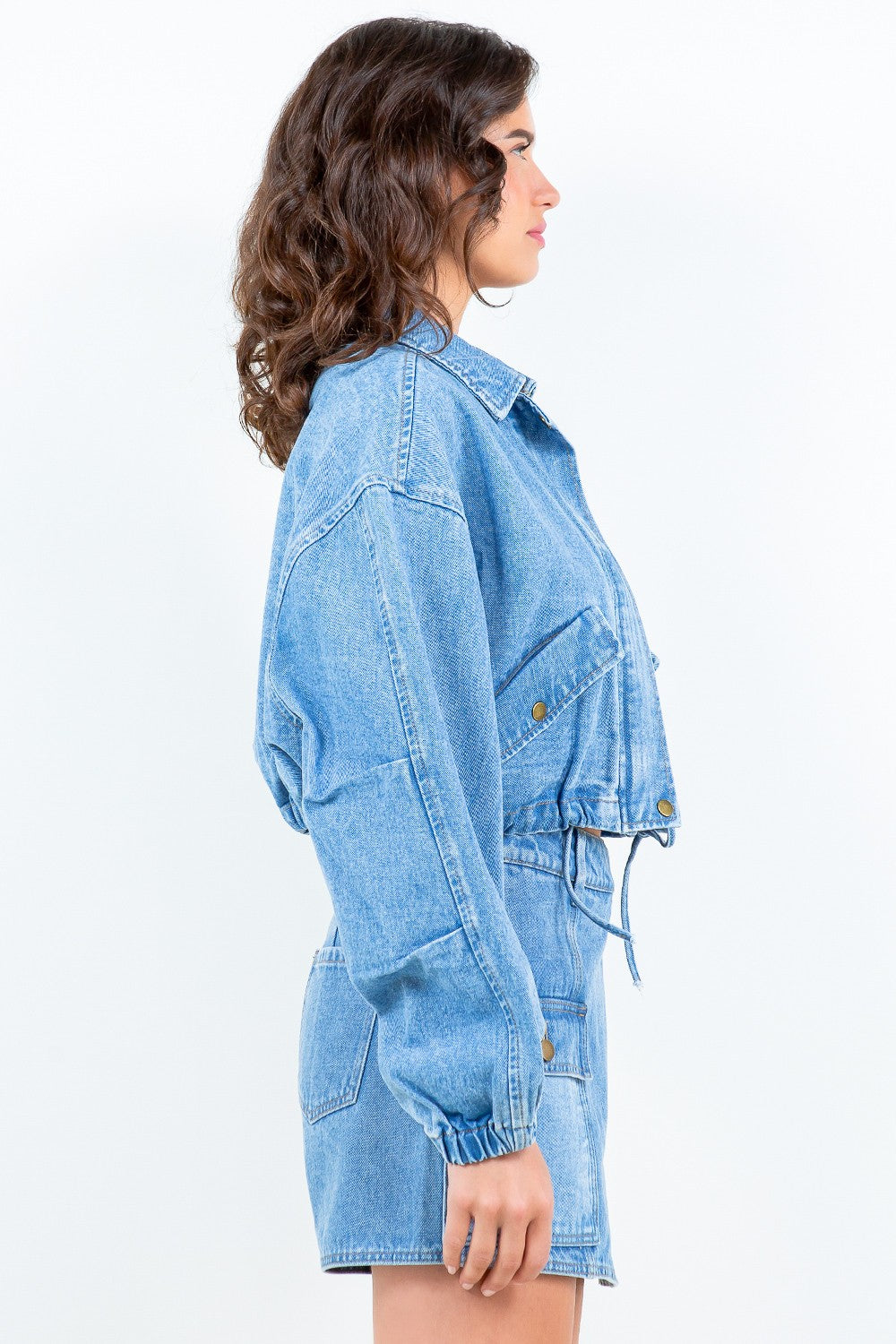 American Bazi Drawstring Waist Crop Denim Jacket-BT8D