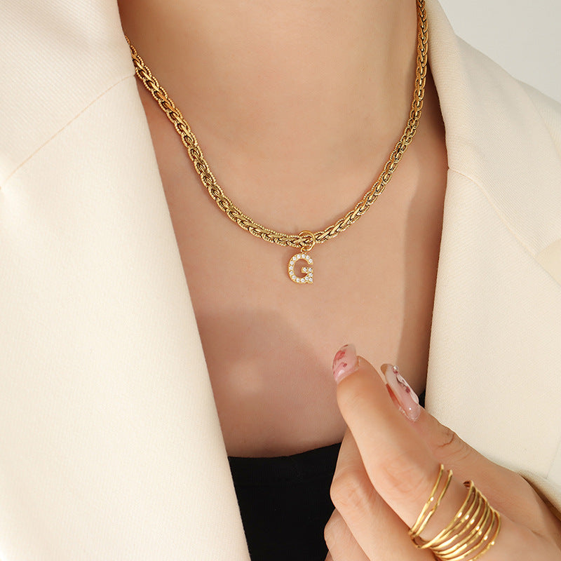 Brass Inlaid Zircon Letter Pendant Necklace-BT8D
