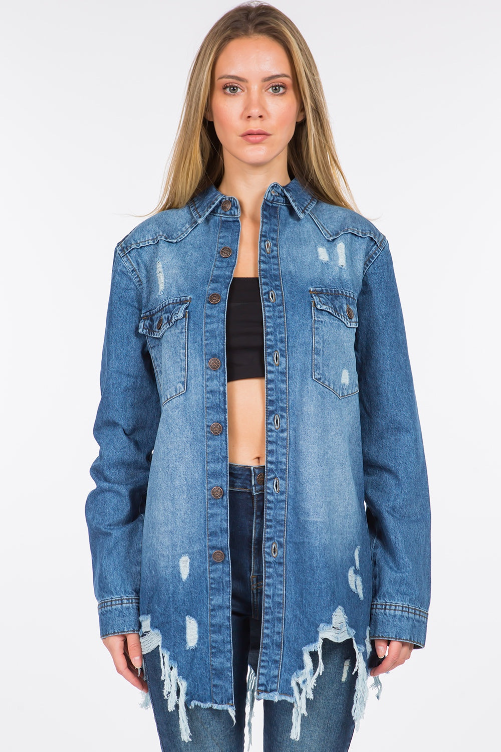 American Bazi Distressed Frayed Hem Denim Jacket-BT8D