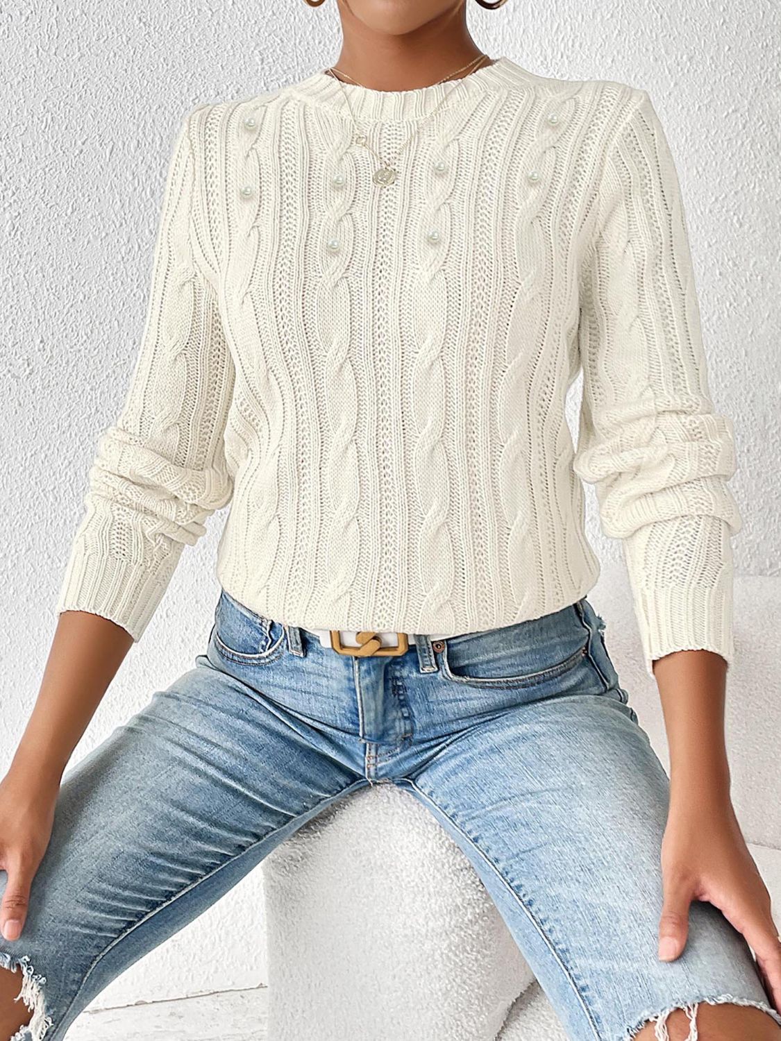 Cable-Knit Round Neck Long Sleeve Sweater-BT8D