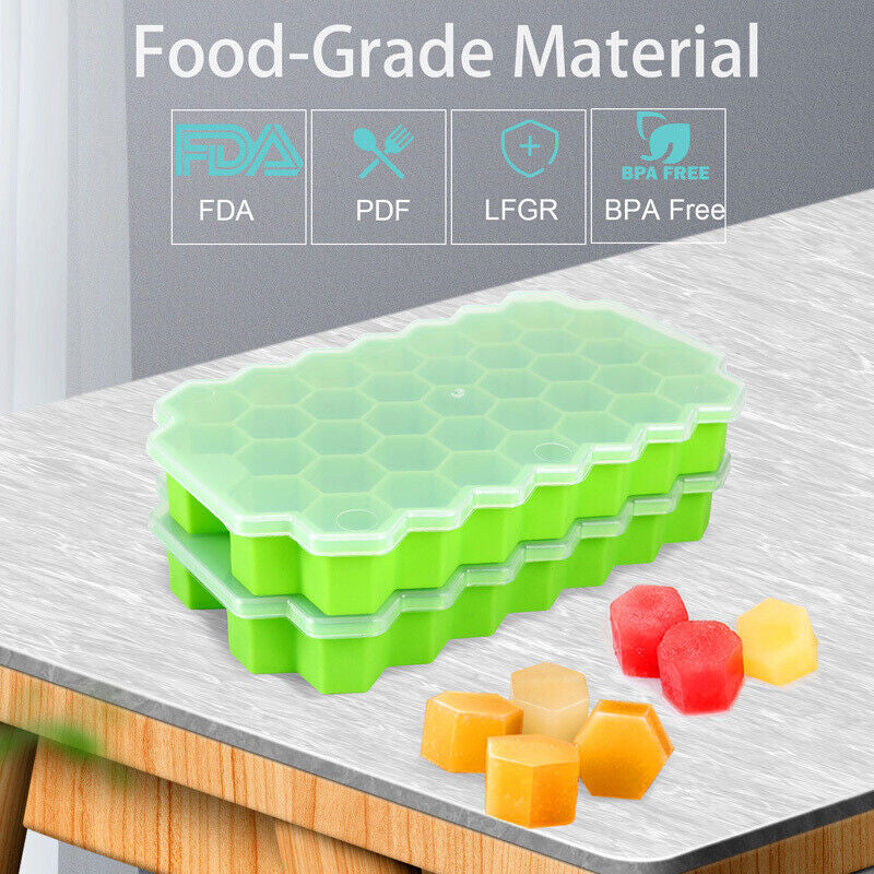 Ice Cube Tray, Set of 2 Honeycomb Shape Silicone Ice Cube Mold with Lid Storage