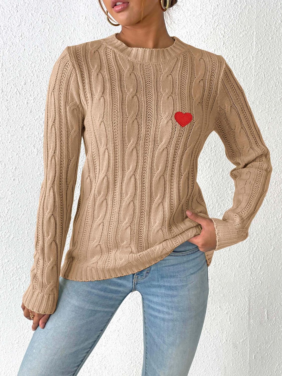 Cable-Knit Heart Round Neck Long Sleeve Sweater-BT8D