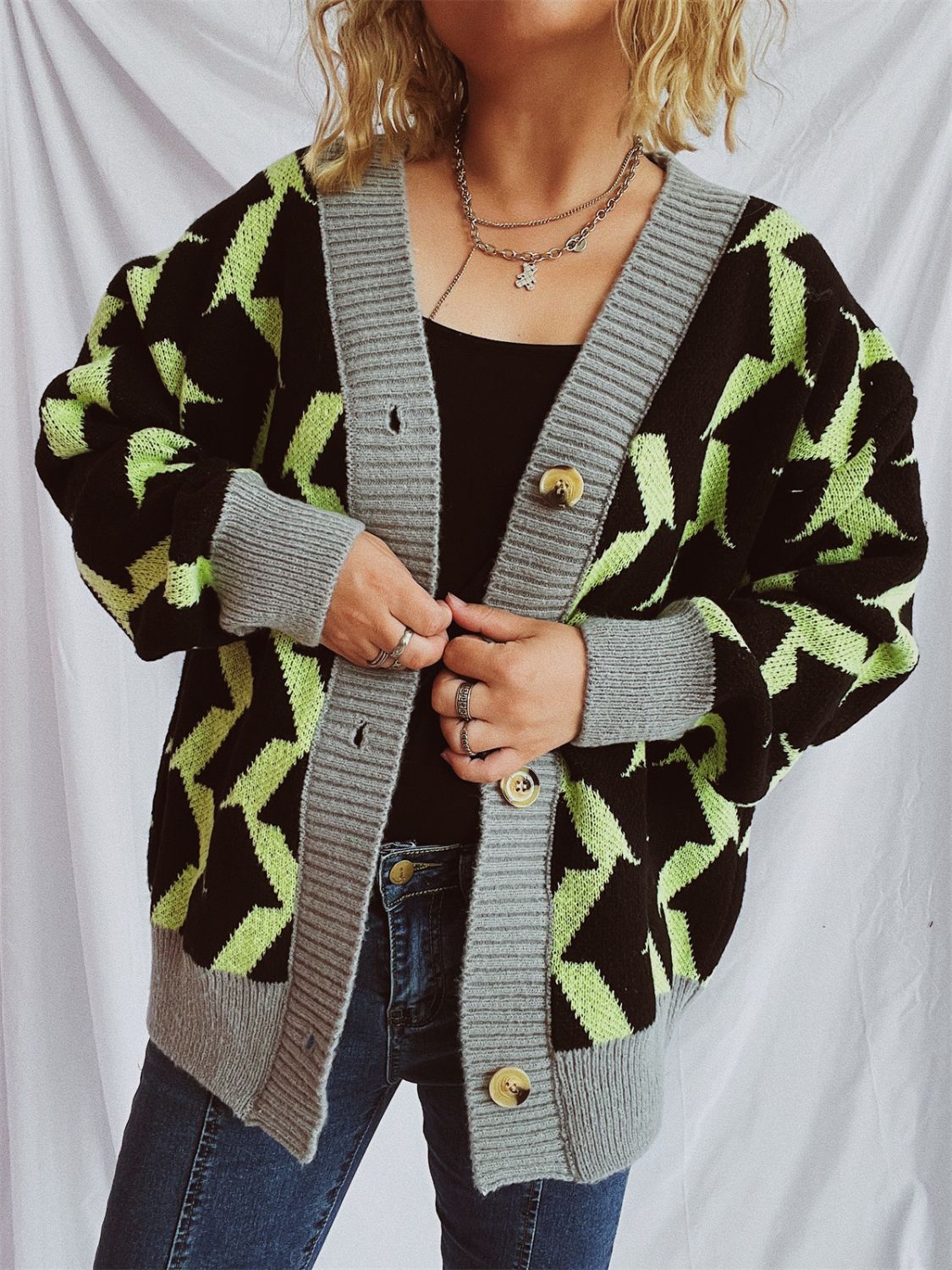 Contrast Trim Geometric V-Neck Long Sleeve Cardigan-BT8D