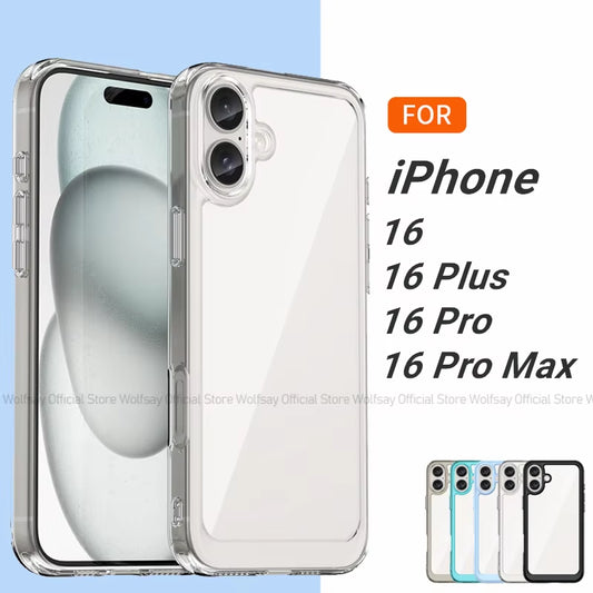 For 16 Case 16 plus Pro Max Cover Luxury Clear PC Shockproof Silicone Protective Phone Back Cover for 16