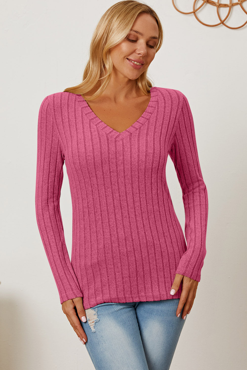Basic Bae Full Size Ribbed V-Neck Long Sleeve T-Shirt-BT8D