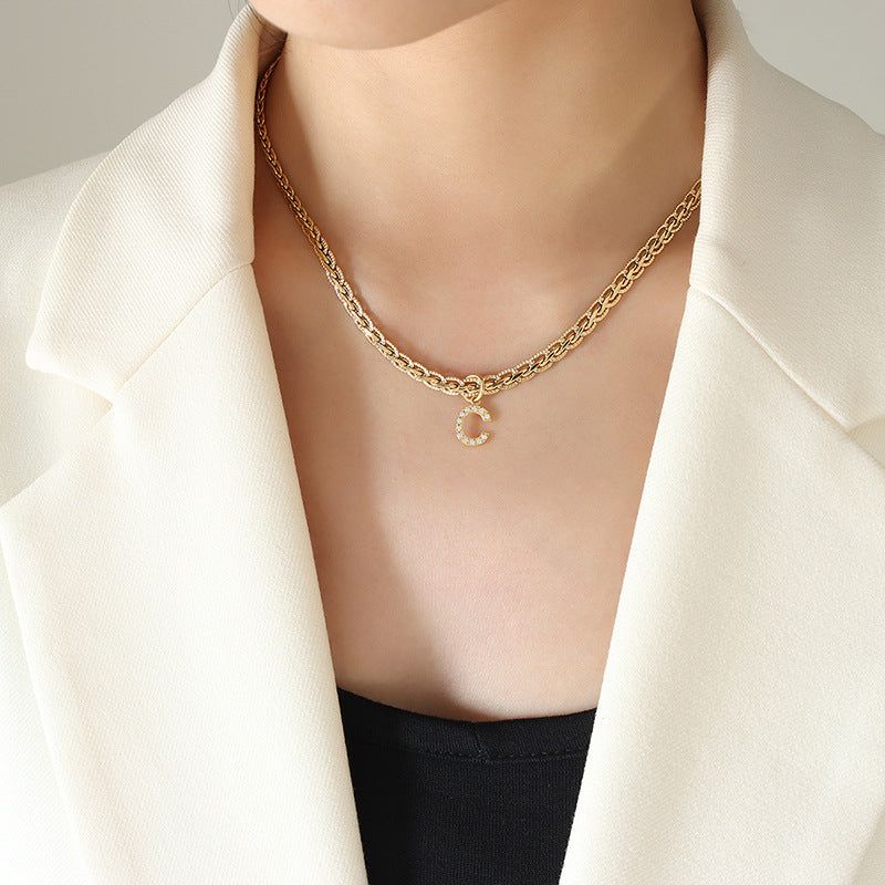 Brass Inlaid Zircon Letter Pendant Necklace-BT8D