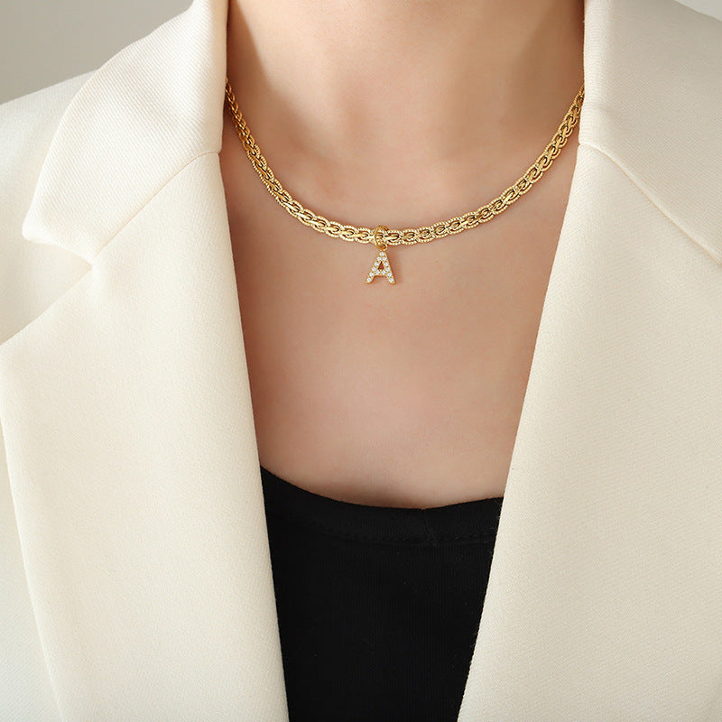 Brass Inlaid Zircon Letter Pendant Necklace-BT8D