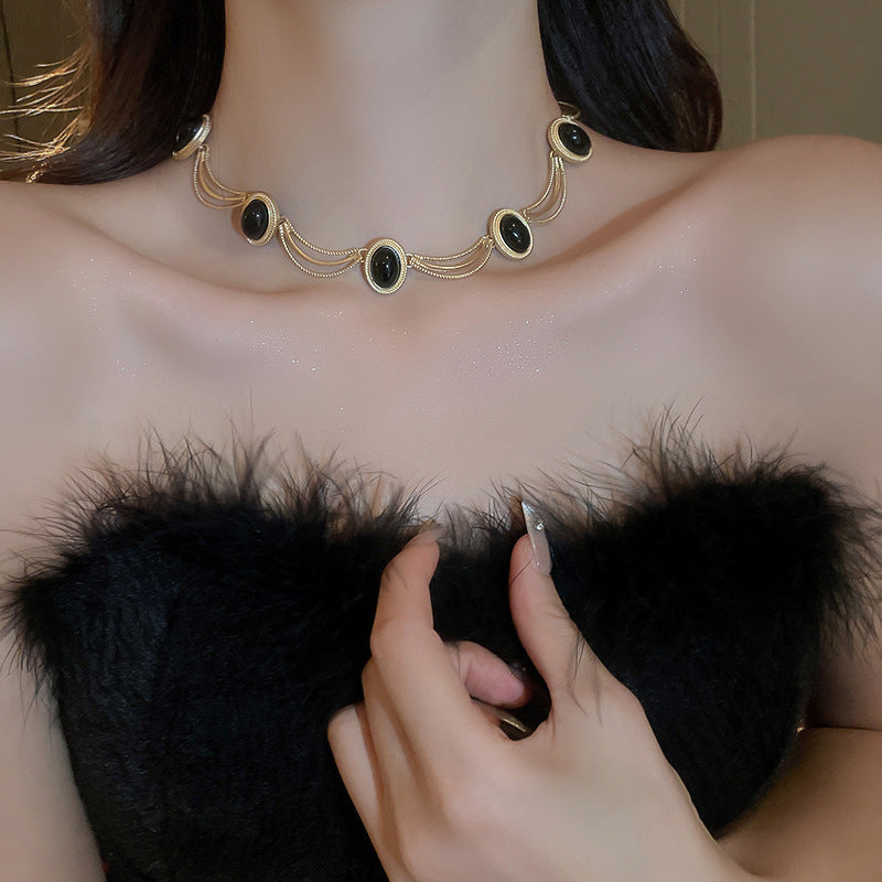Alloy Oval Gemstone Necklace-BT8D