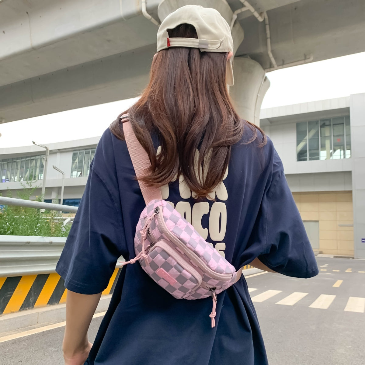 Checkered Adjustable Strap Nylon Crossbody Bag-BT8D