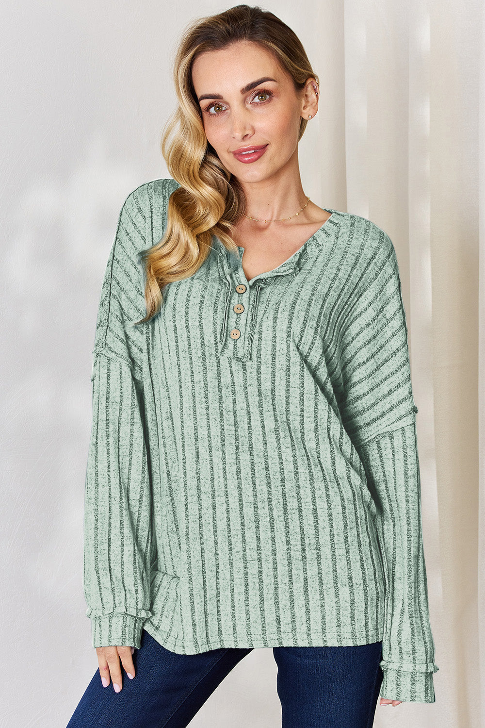 Basic Bae Full Size Ribbed Half Button Long Sleeve T-Shirt-BT8D