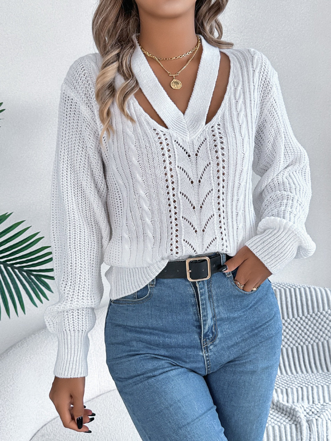 Cutout V-Neck Long Sleeve Sweater-BT8D