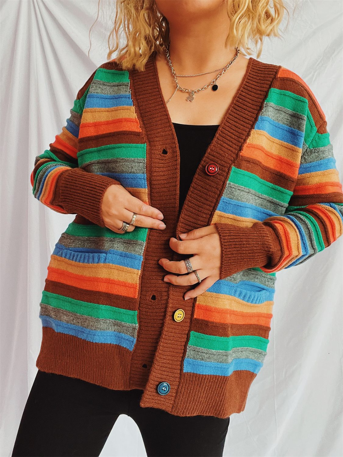 Contrast Stripes Button Up Long Sleeve Cardigan-BT8D
