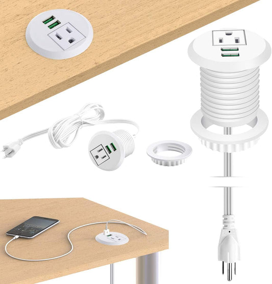 Desktop Power Grommet,Desk Grommet Outlet 2 Inch Hole,Power Grommet with USB, Easy Access to 1 Power Source along with 2 USB Power Port Connections(White)-BT8D