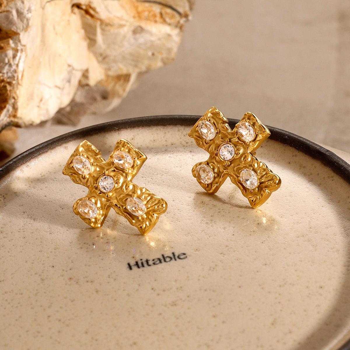 18K Gold-Plated Zircon Cross Earrings-BT8D