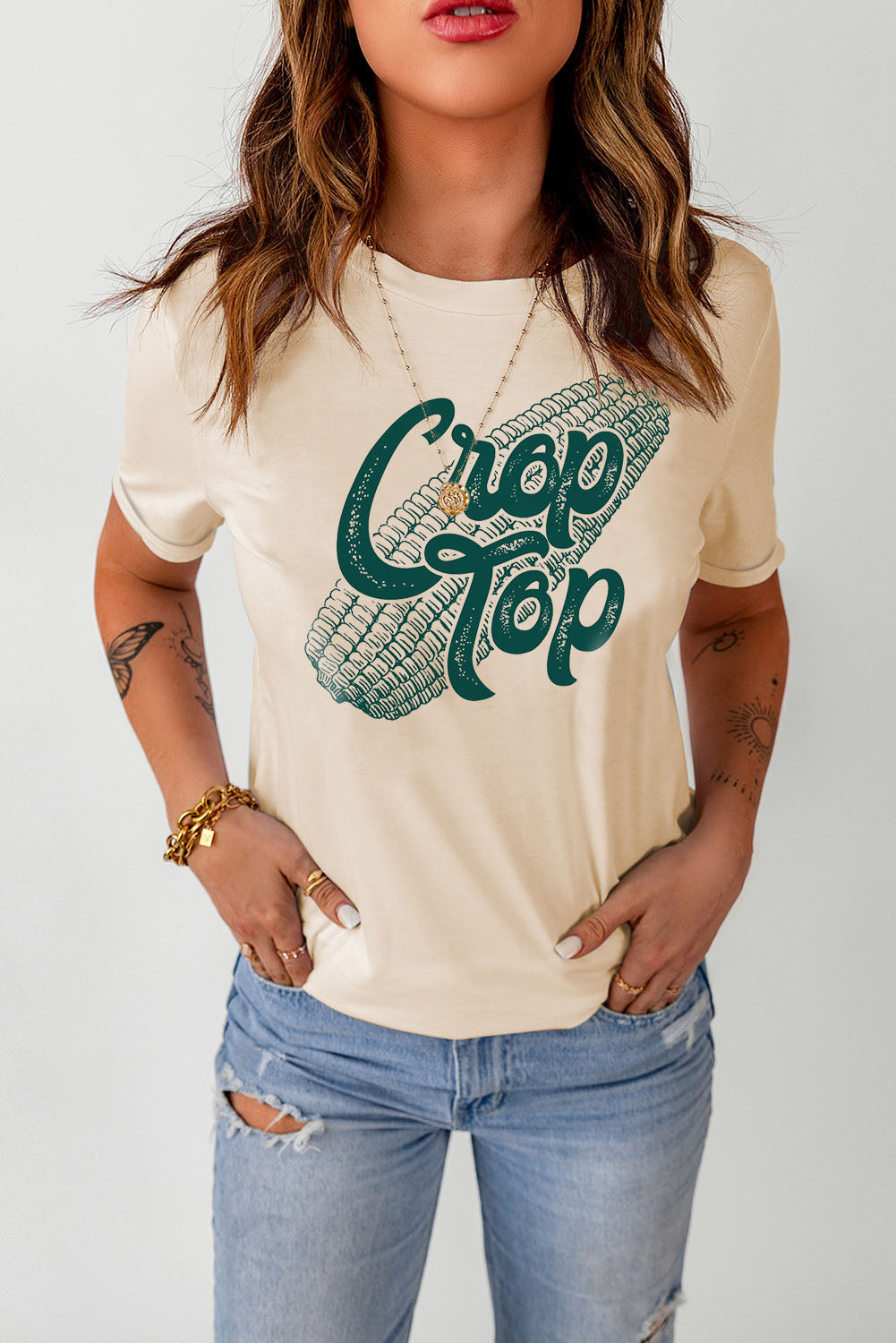 Corn Letter Graphic Cuffed Tee-BT8D