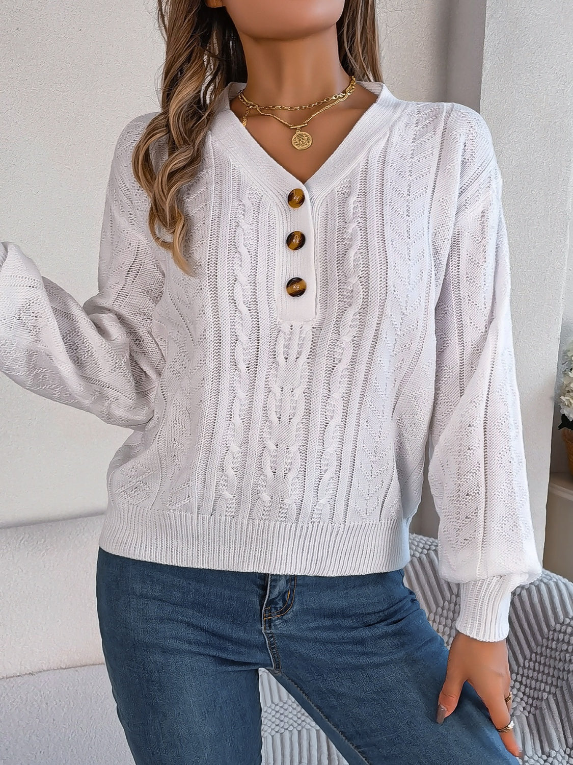 Cable-Knit V-Neck Long Sleeve Sweater-BT8D