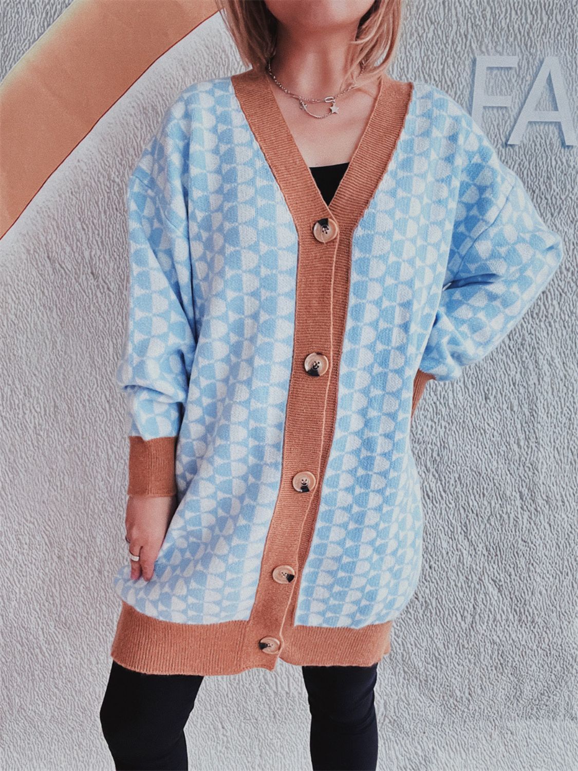 Contrast Trim Geometric Button Down Cardigan-BT8D