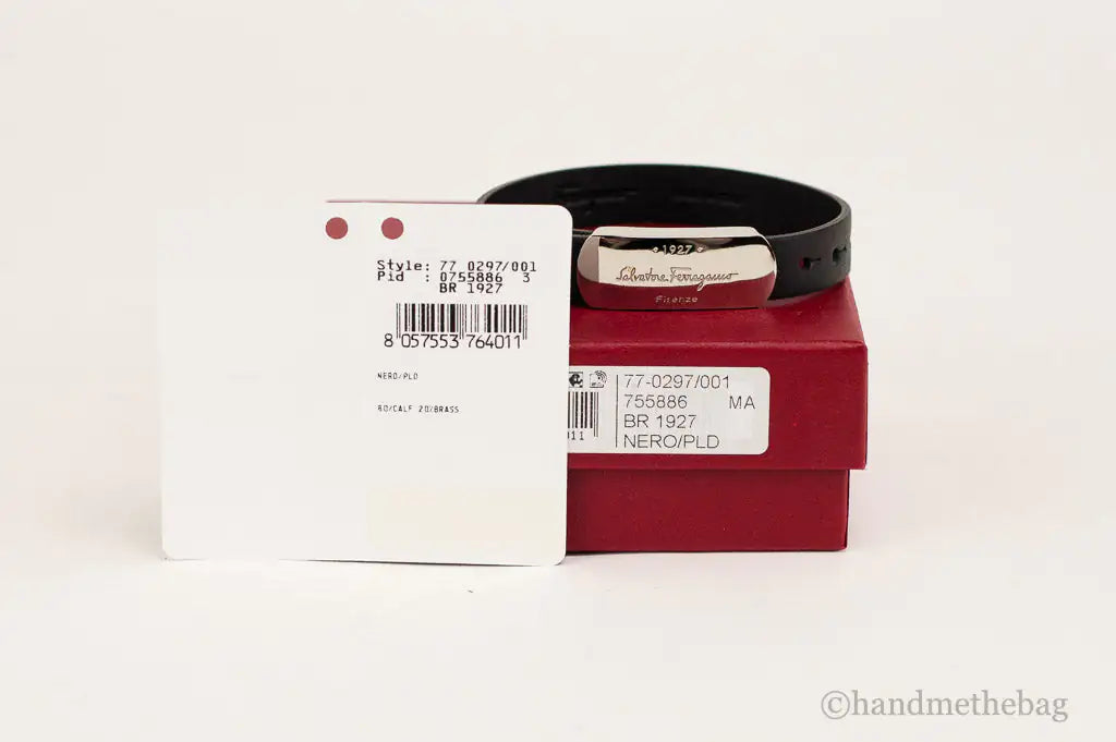 Salvatore Ferragamo Black Leather Silver Toned 1927 Logo Bracelet
