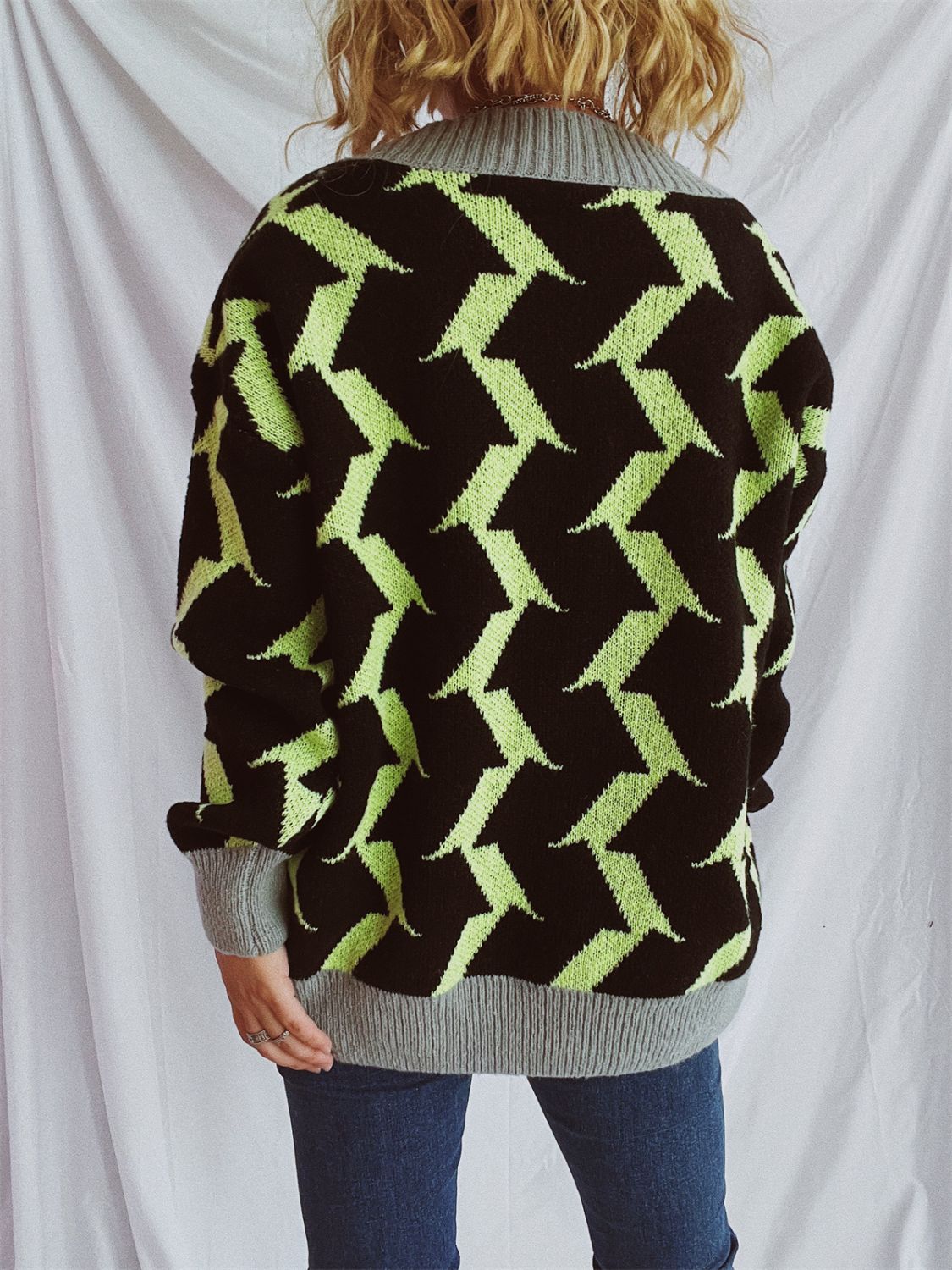 Contrast Trim Geometric V-Neck Long Sleeve Cardigan-BT8D