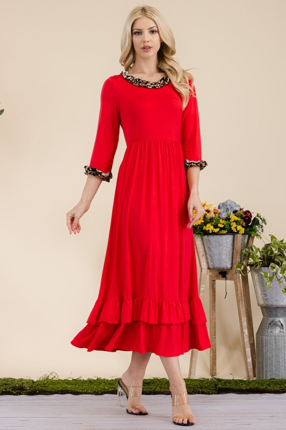 Celeste Full Size Leopard Ruffle Detail Midi Dress-BT8D