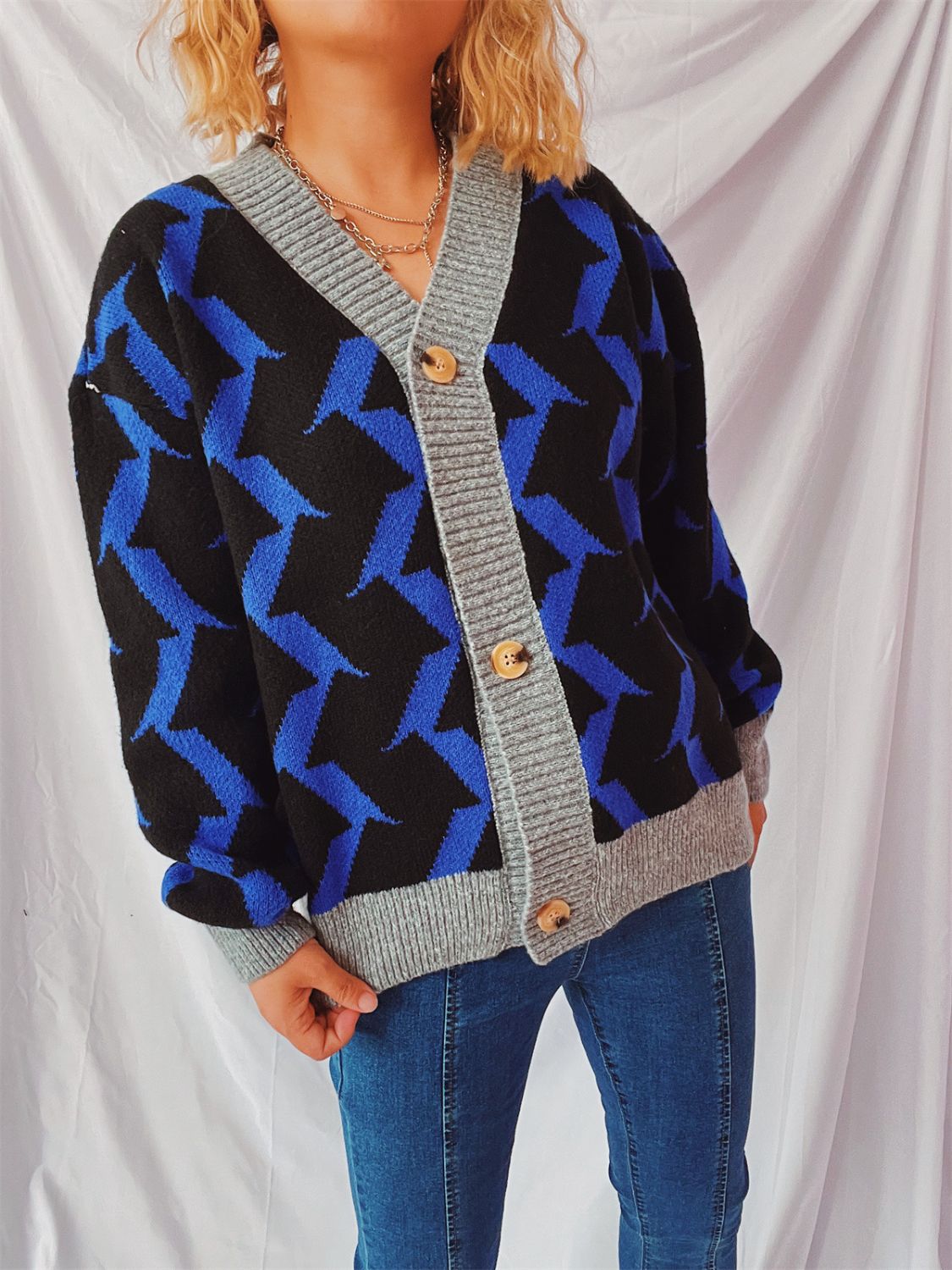 Contrast Trim Geometric V-Neck Long Sleeve Cardigan-BT8D